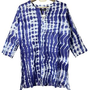 KikiSol Blue White Tie Dye Cotton Tunic Top XL Beach Cover Up Boho Resort Wear